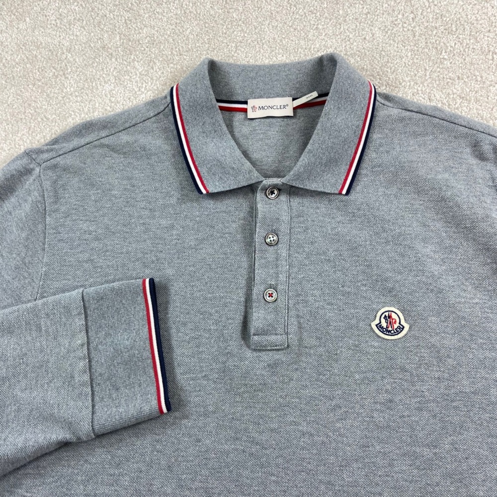 Moncler Maglia Polo Shirt Mens XXL Grey Long Sleeve Tricolor Trim